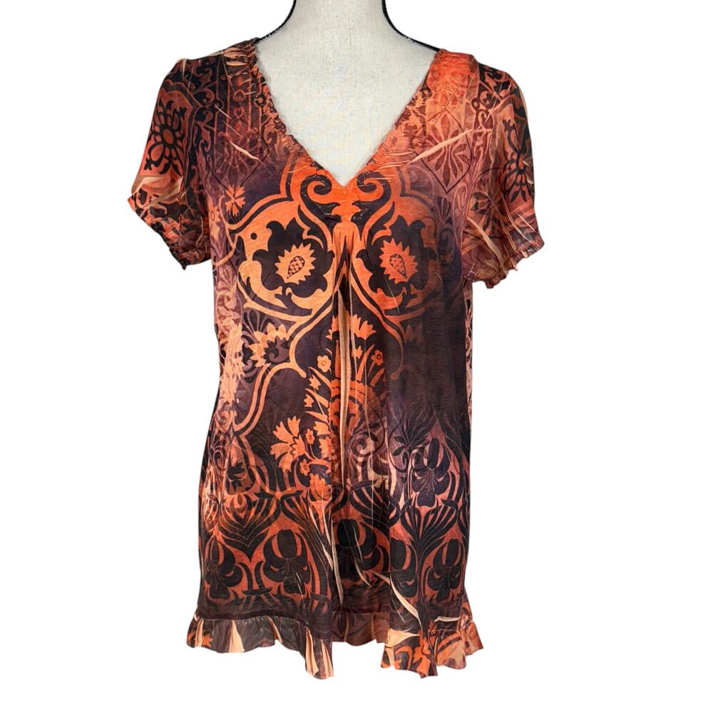One World X-Large Top Geometric Sublimation Stretch Ruffled V-Neck Cap Sleeve